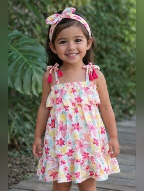 Jessica Simpson Flower Burst Tropica Fit & Flare Dress With Matching Headband 4T